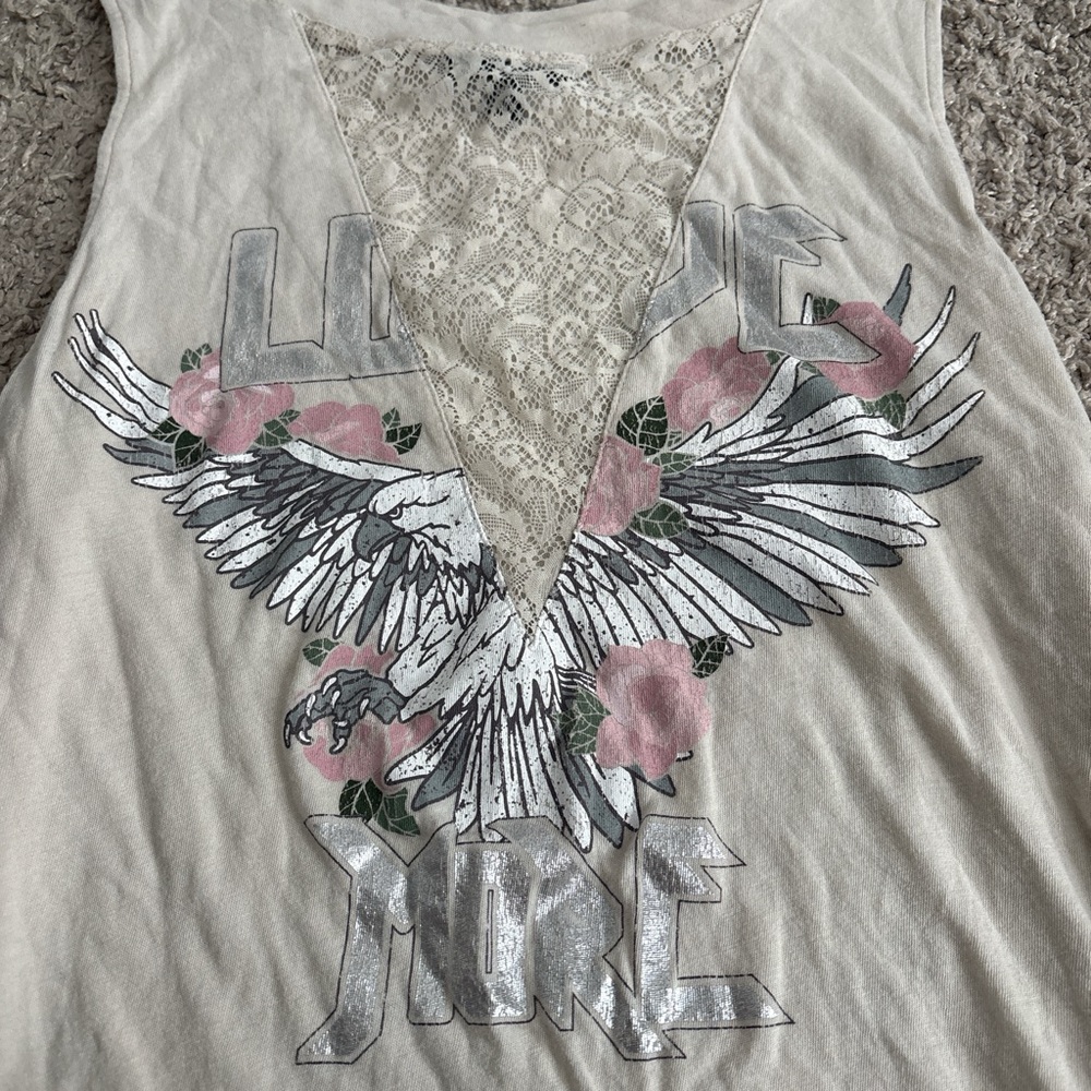 Express Lace-Inset Graphic Tank with Winged Eagle & Pink Flowers